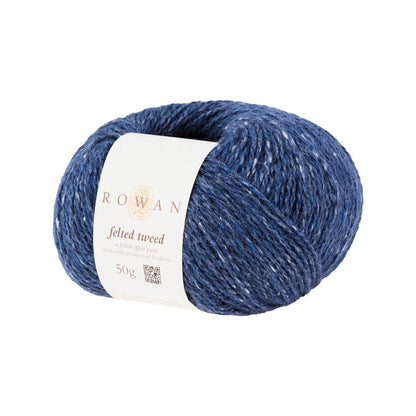 Ball of dark blue tweed yarn with a Rowan label 
