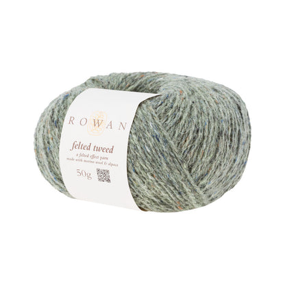 Ball of pale green tweed yarn with a Rowan label 