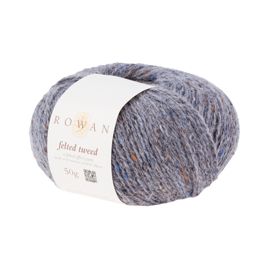 Ball of medium grey tweed yarn with a Rowan label 