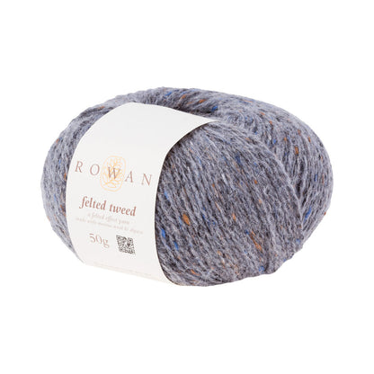 Ball of medium grey tweed yarn with a Rowan label 