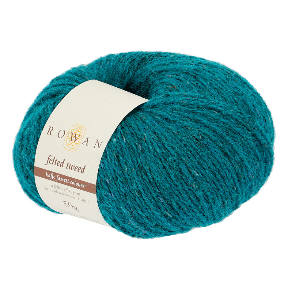 Ball of turquoise tweed yarn with a Rowan label 