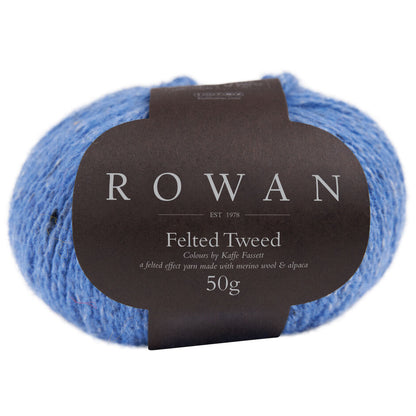 Ball of sky blue tweed yarn with a Rowan label 
