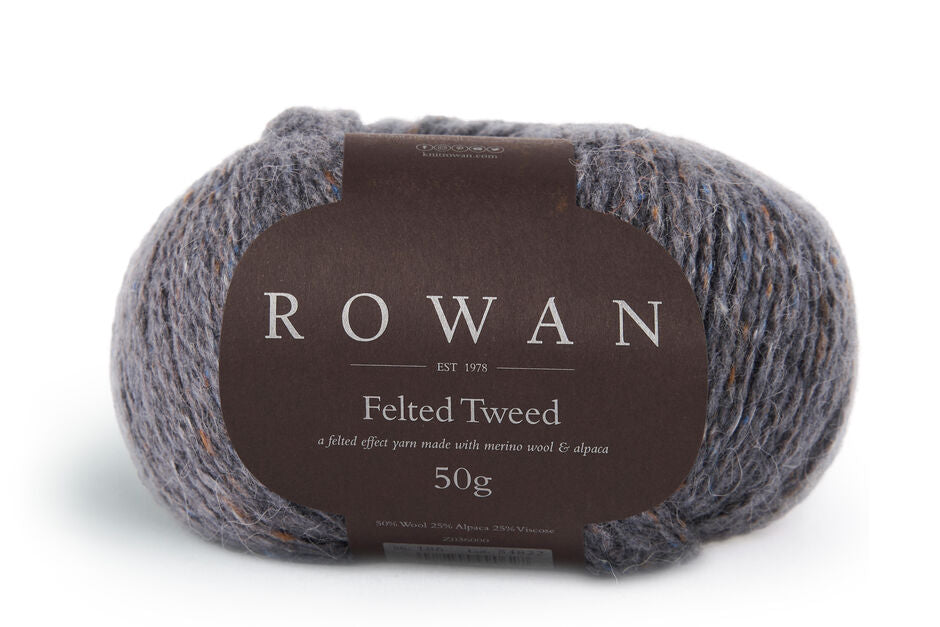 Ball of grey tweed yarn with a Rowan label 