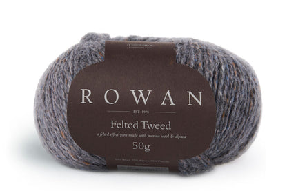 Ball of grey tweed yarn with a Rowan label 