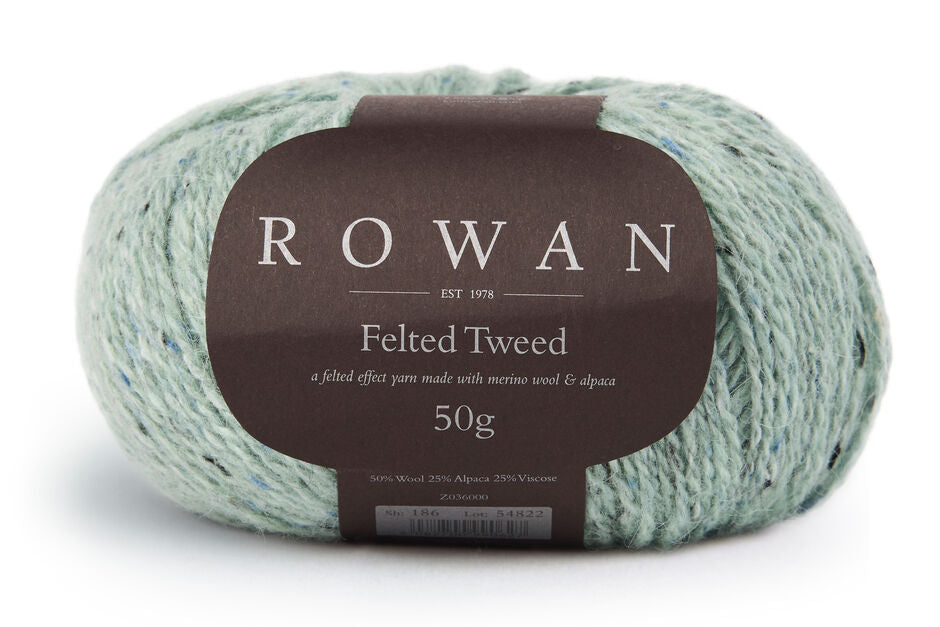 Ball of mint tweed yarn with a Rowan label 