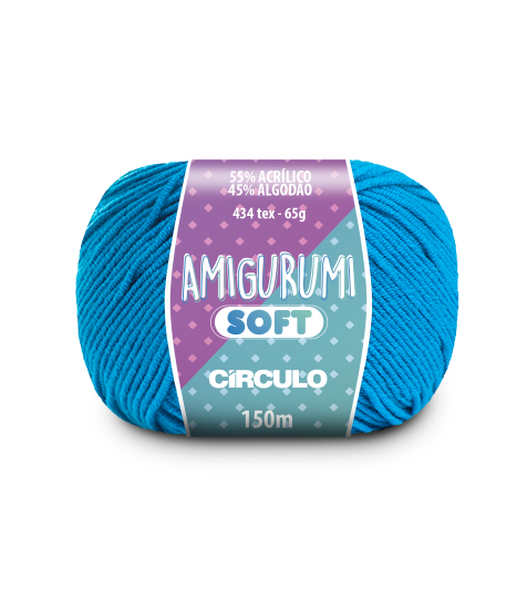 A ball of blue acrylic and cotton blend yarn labeled 'Amigurumi (Soft)' by Circulo.