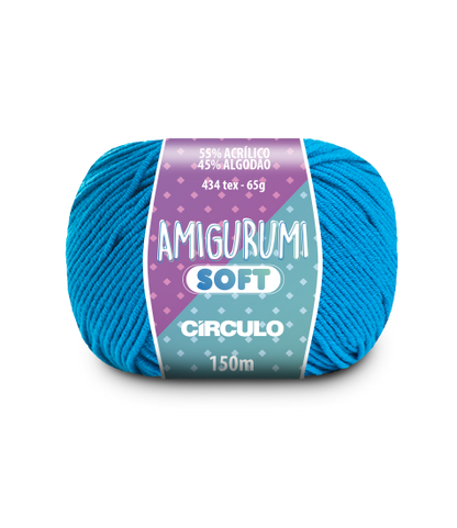 A ball of blue acrylic and cotton blend yarn labeled 'Amigurumi (Soft)' by Circulo.