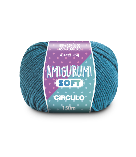 A ball of teal acrylic and cotton blend yarn labeled 'Amigurumi (Soft)' by Circulo.