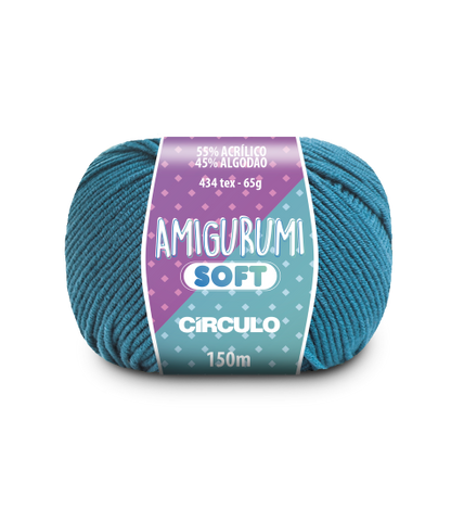 A ball of teal acrylic and cotton blend yarn labeled 'Amigurumi (Soft)' by Circulo.