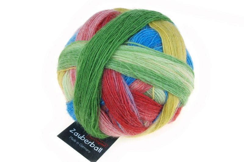 Ball of wool and nylon yarn in green, pink, yellow, and blue colours