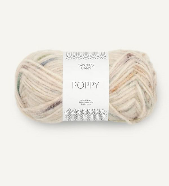 A ball of multicolour and cream tonal alpaca, cotton, wool yarn labeled 'Poppy' by Sandnesgarn