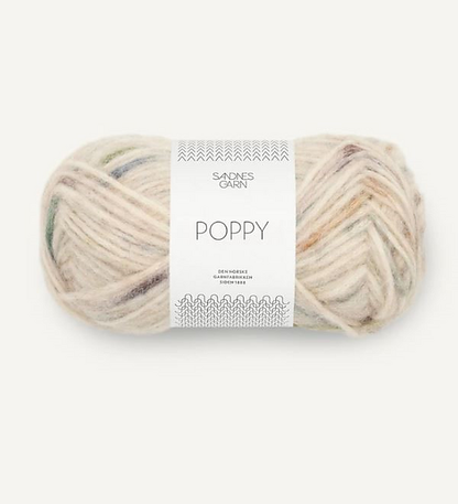 A ball of multicolour and cream tonal alpaca, cotton, wool yarn labeled 'Poppy' by Sandnesgarn