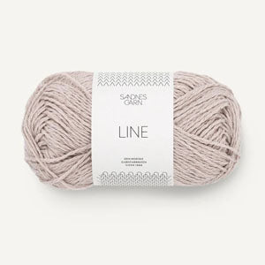 A ball of beige coloured cotton/linen/viscose yarn labeled 'Line' by Sandnesgarn