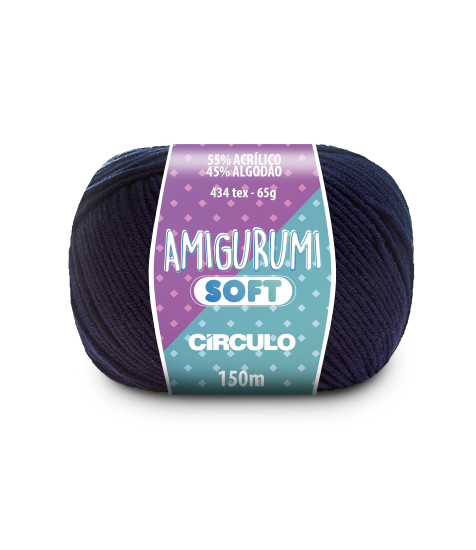 A ball of navy blue acrylic and cotton blend yarn labeled 'Amigurumi (Soft)' by Circulo.