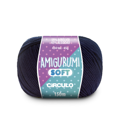 A ball of navy blue acrylic and cotton blend yarn labeled 'Amigurumi (Soft)' by Circulo.