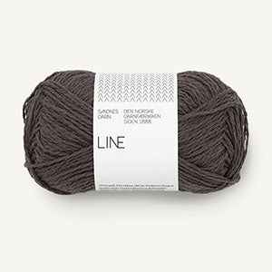 A ball of deep brown coloured cotton/linen/viscose yarn labeled 'Line' by Sandnesgarn