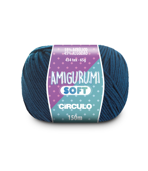 A ball of dark teal acrylic and cotton blend yarn labeled 'Amigurumi (Soft)' by Circulo.