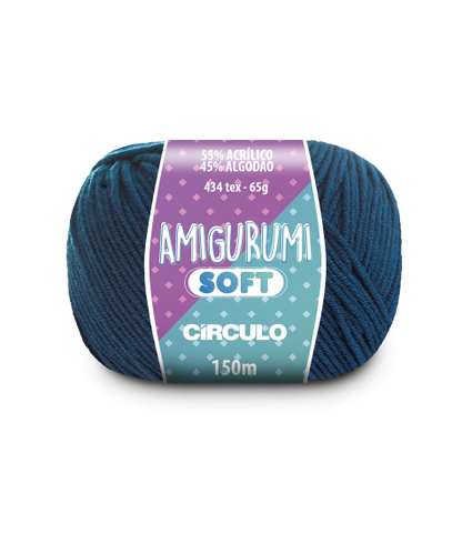 A ball of dark teal acrylic and cotton blend yarn labeled 'Amigurumi (Soft)' by Circulo.