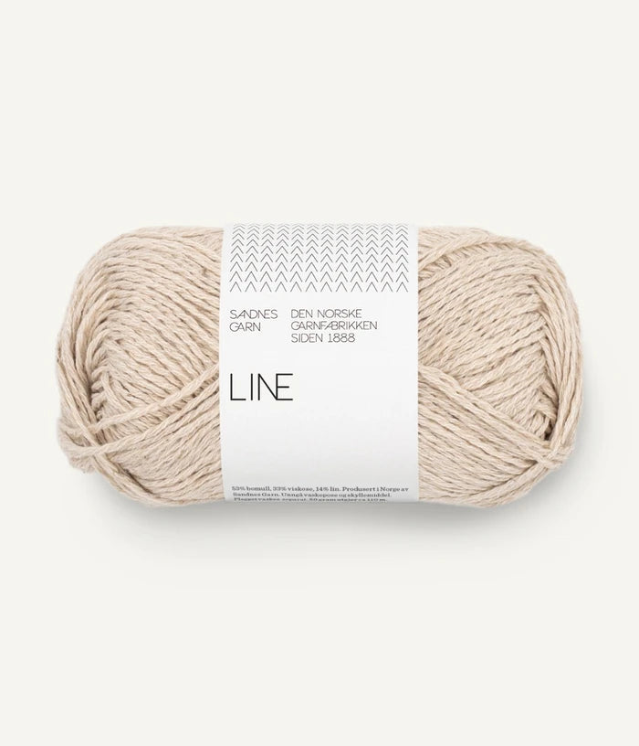 Ball of beige yarn with a 'Line' label on a white background