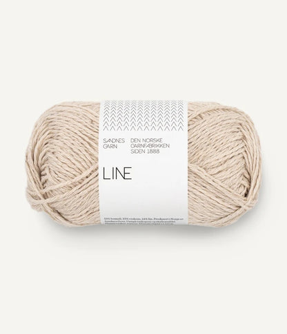 Ball of beige yarn with a 'Line' label on a white background