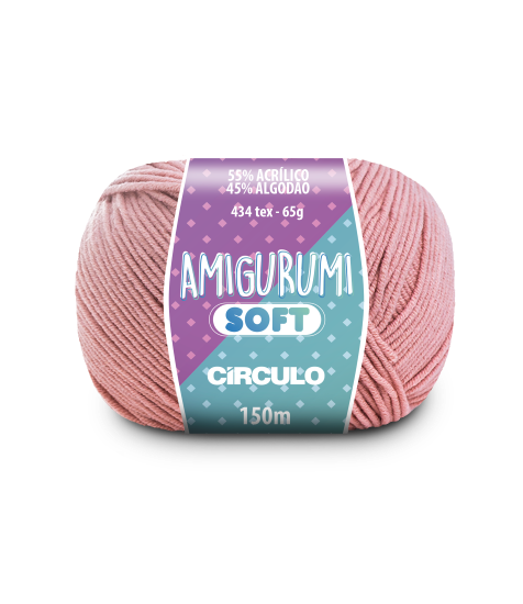 A ball of pale rose pink acrylic and cotton blend yarn labeled 'Amigurumi (Soft)' by Circulo.