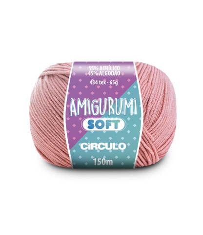 A ball of pale rose pink acrylic and cotton blend yarn labeled 'Amigurumi (Soft)' by Circulo.