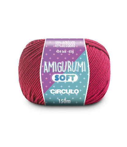 A ball of magenta acrylic and cotton blend yarn labeled 'Amigurumi (Soft)' by Circulo.