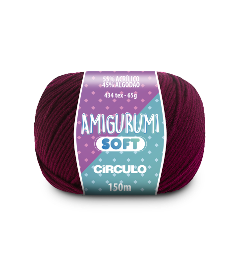 A ball of merlot pink acrylic and cotton blend yarn labeled 'Amigurumi (Soft)' by Circulo.