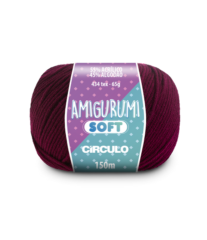 A ball of merlot pink acrylic and cotton blend yarn labeled 'Amigurumi (Soft)' by Circulo.