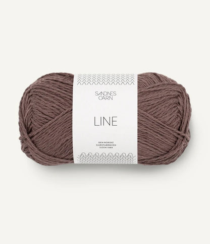 A ball of medium brown coloured cotton/linen/viscose yarn labeled 'Line' by Sandnesgarn