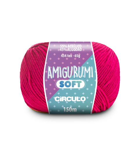 A ball of hot pink acrylic and cotton blend yarn labeled 'Amigurumi (Soft)' by Circulo.