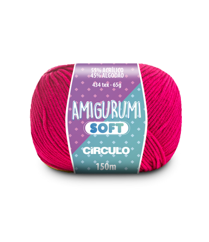 A ball of hot pink acrylic and cotton blend yarn labeled 'Amigurumi (Soft)' by Circulo.