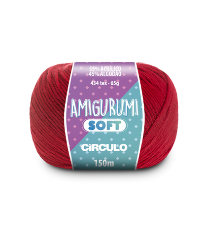 A ball of red acrylic and cotton blend yarn labeled 'Amigurumi (Soft)' by Circulo.