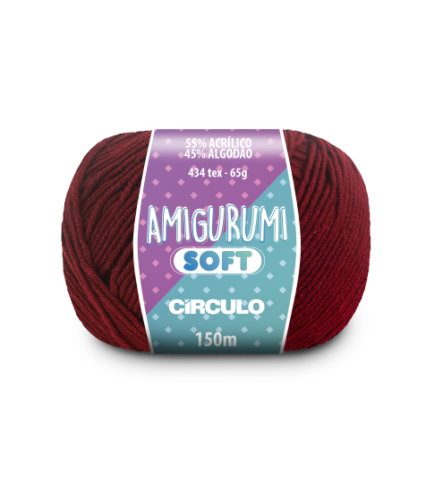 A ball of burgundy red acrylic and cotton blend yarn labeled 'Amigurumi (Soft)' by Circulo.