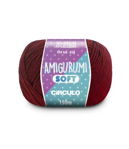 A ball of burgundy red acrylic and cotton blend yarn labeled 'Amigurumi (Soft)' by Circulo.