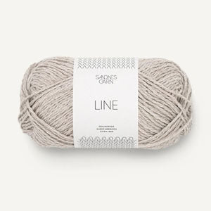 A ball of pale grey coloured cotton/linen/viscose yarn labeled 'Line' by Sandnesgarn