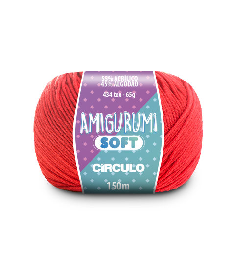A ball of bright red acrylic and cotton blend yarn labeled 'Amigurumi (Soft)' by Circulo.