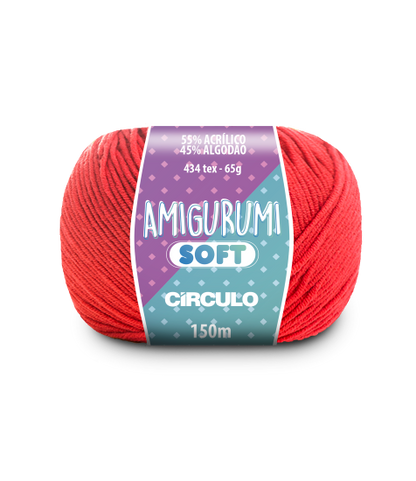 A ball of bright red acrylic and cotton blend yarn labeled 'Amigurumi (Soft)' by Circulo.