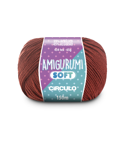 A ball of brown acrylic and cotton blend yarn labeled 'Amigurumi (Soft)' by Circulo.