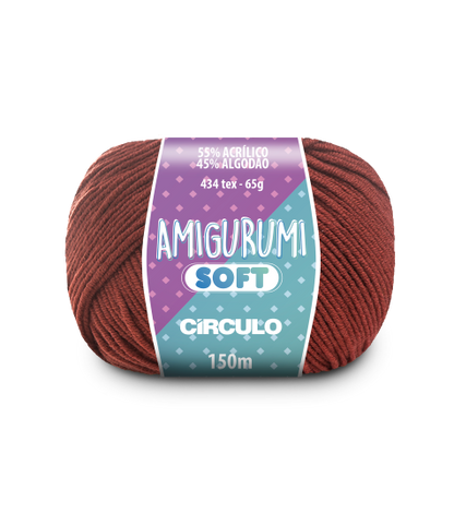A ball of brown acrylic and cotton blend yarn labeled 'Amigurumi (Soft)' by Circulo.