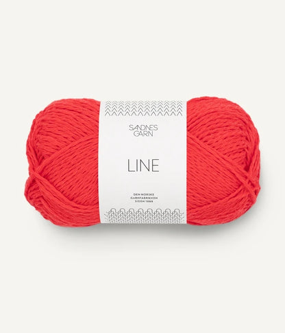 A ball of poppy red coloured cotton/linen/viscose yarn labeled 'Line' by Sandnesgarn