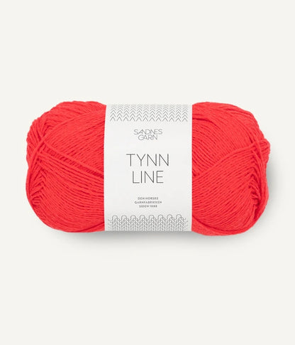A ball of bright poppy cotton/linen/viscose yarn labeled 'TYNN LINE' by Sandnes Garn