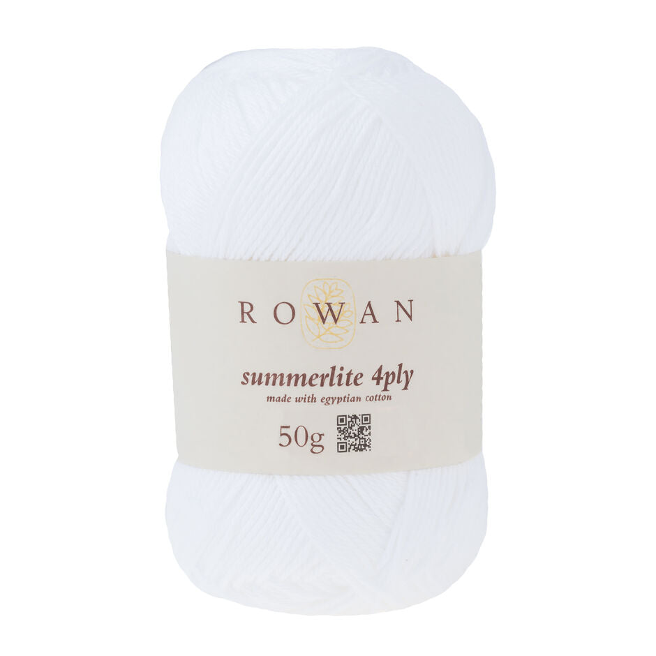 Ball of white cotton yarn with a Rowan label
