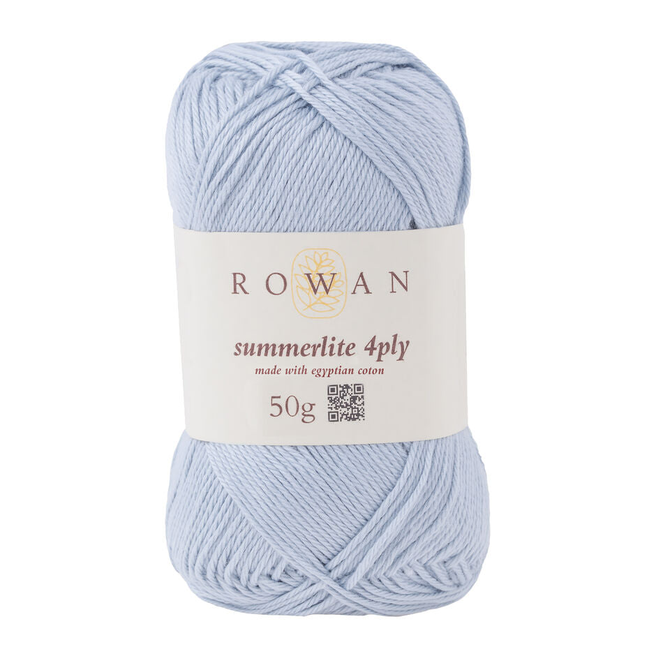 Ball of pale blue cotton yarn with a Rowan label