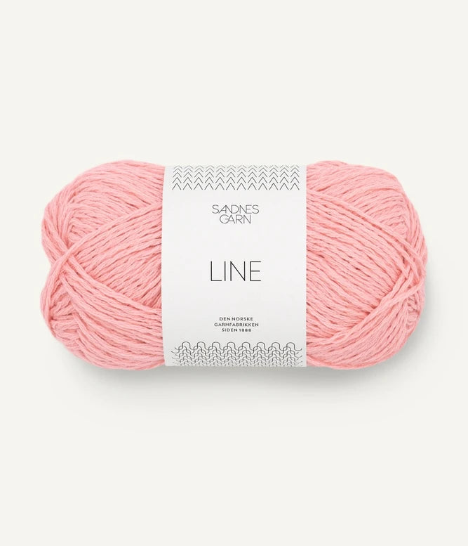 A ball of pale pink coloured cotton/linen/viscose yarn labeled 'Line' by Sandnesgarn