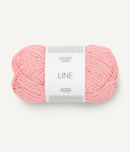 A ball of pale pink coloured cotton/linen/viscose yarn labeled 'Line' by Sandnesgarn