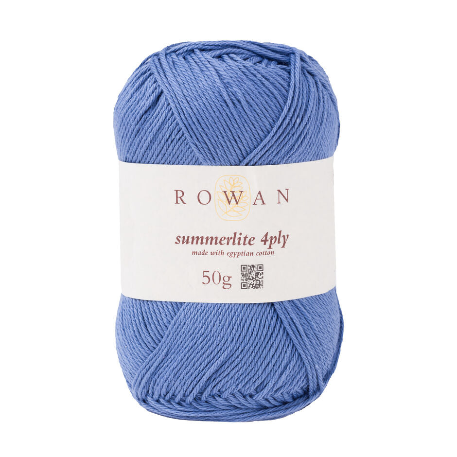 Ball of blue cotton yarn with a Rowan label