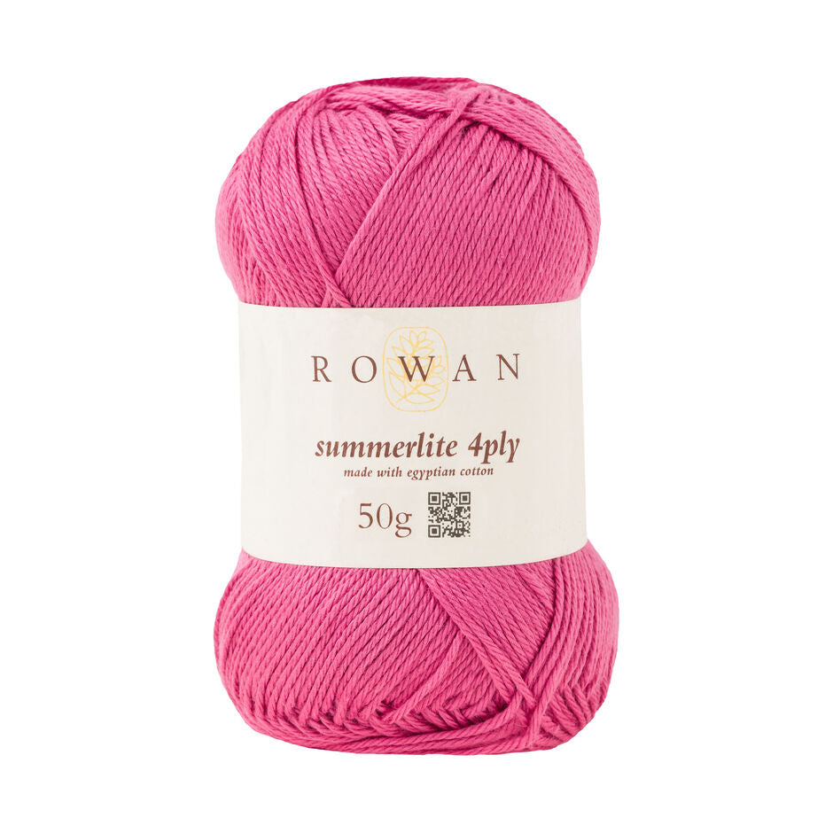 Ball of bright pink cotton yarn with a Rowan label