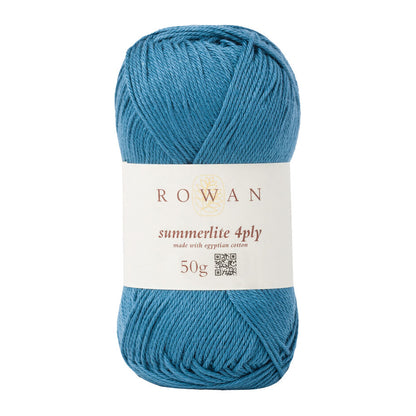 Ball of dark teal cotton yarn with a Rowan label