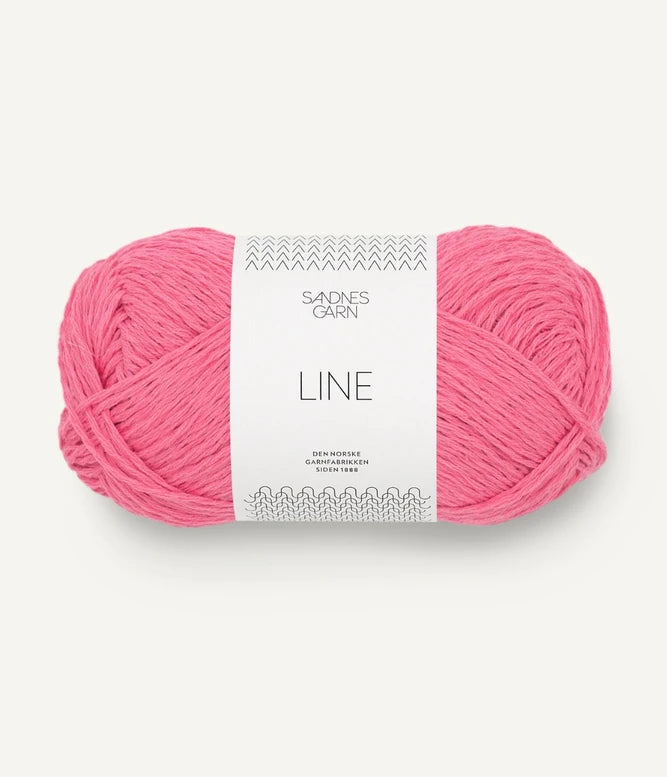 A ball of bright pink coloured cotton/linen/viscose yarn labeled 'Line' by Sandnesgarn